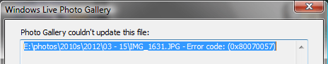 Photo Gallery couldn't update this file: Error code: (0x80070057)