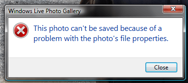 This photo can't be saved because of a problem with the photo's file properties.
